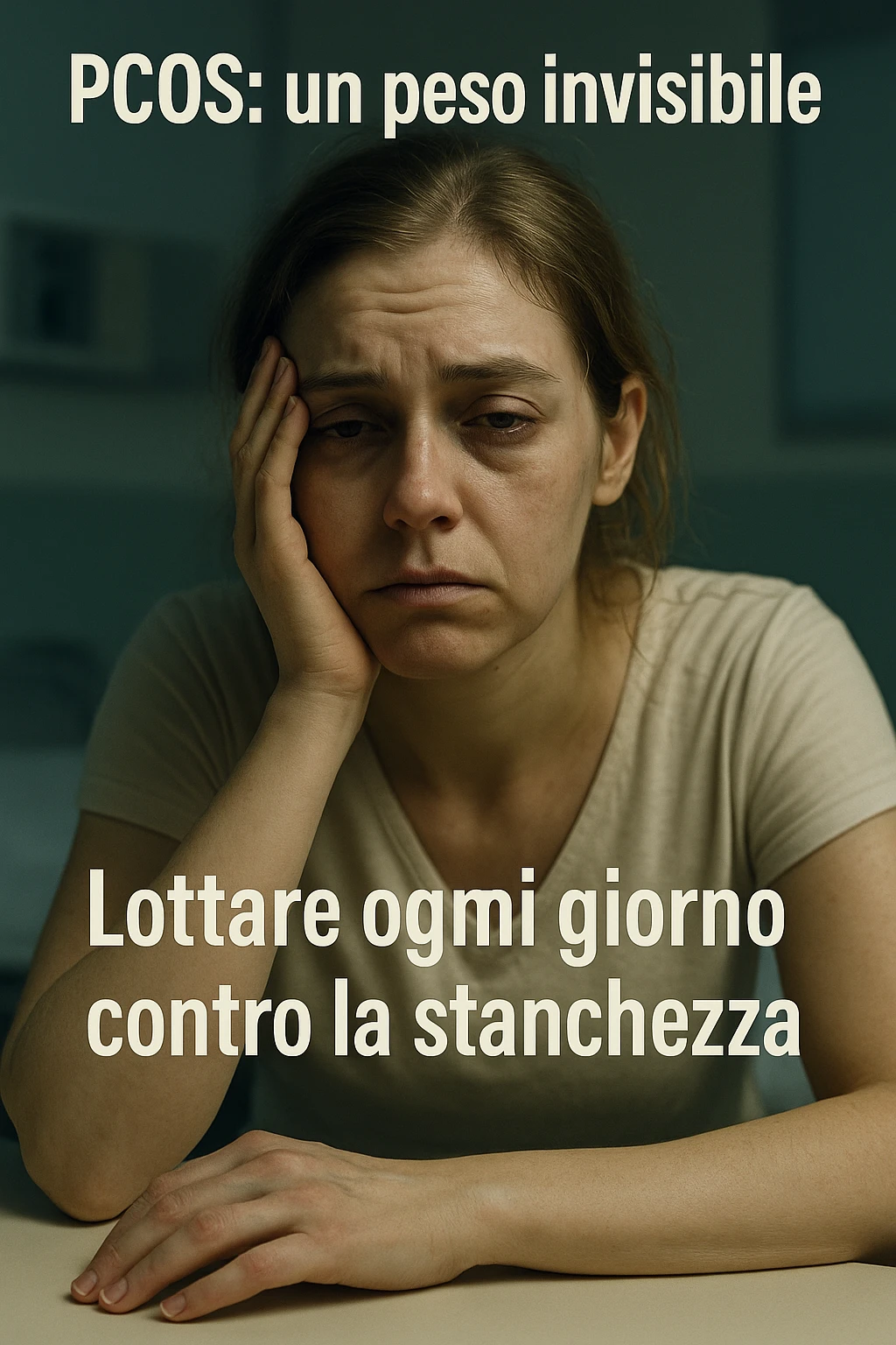 Donna affaticata e debilitata dalla PCOS, segni di stanchezza e malessere, atmosfera clinica, dettagli realistici, luci drammatiche, didascalie in italiano, verticale 2:3 emoji