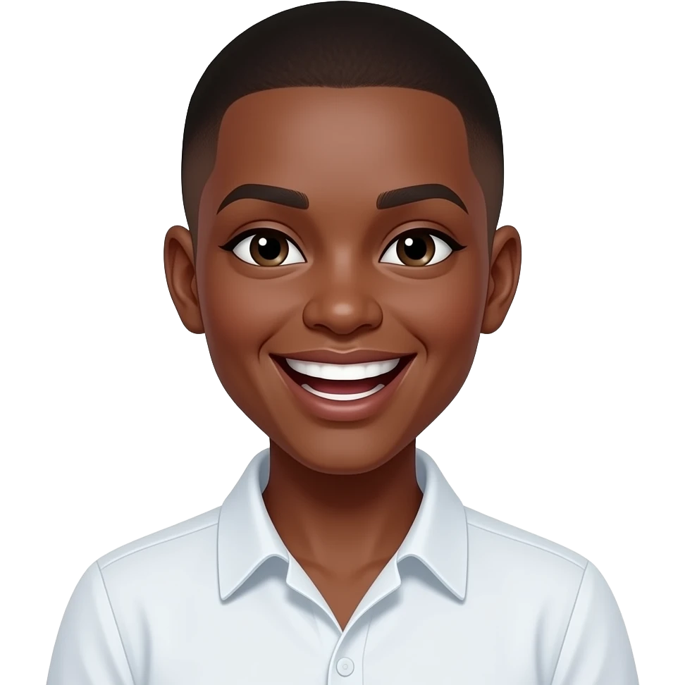 Dark masculine woman with short fade and white shirt laughing emoji