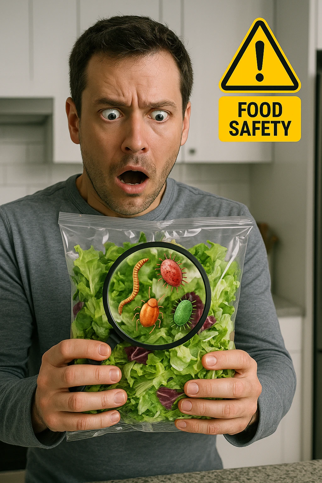 a man holds a bag of salad with both hands, his face frozen in shock as he looks at the contents. Inside the bag, exaggerated but realistic depictions of parasites and bacteria are visible, some highlighted with a magnifying glass overlay. The background is a clean kitchen, and a warning sign appears in the corner to reinforce the message about food safety. emoji