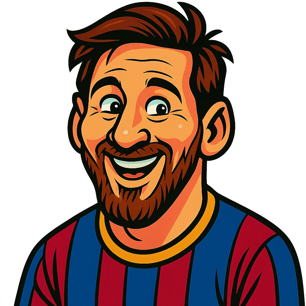 Lionel Messi smiling, colorful cartoon style, playful expression emoji