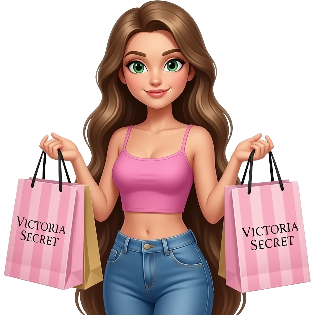 Beautiful woman young with Victoria secret shopping bags and has dark blonde hair and looks very seductive but pretty and has almond eyes that are dark green and she kinda looks like rapunzel but is wearing jeans and a pink crop top and looks realistic emoji