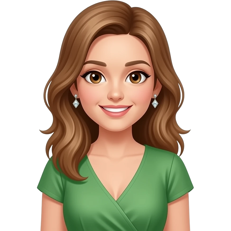 girl like https://www.emojis.com/emoji/emoji-VD96a8gMUDC but with light brown hair, brown eyes. diamond earrings, v neck dress in green, smile emoji