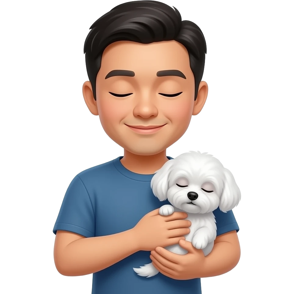 Asian man with a gentle smile, peacefully closing his eyes while cradling a small white Maltese in both arms, with the puppy also having its eyes closed in a similar serene manner. emoji