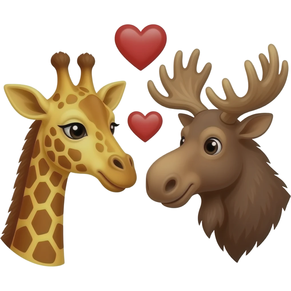 Einfacher Giraffenkopf und Elchkopf schauen sich an mit Herzchen emoji