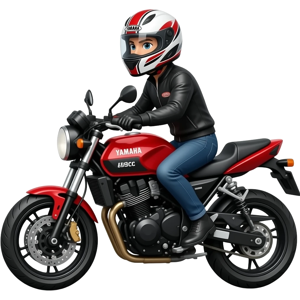 Yamaha 690cc red black & white with man in helmet riding emoji