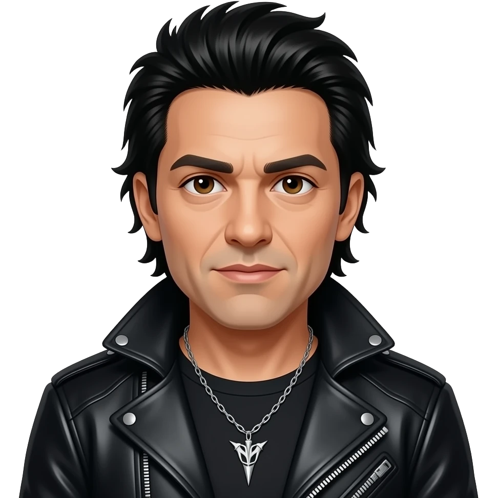 Chino Moreno with dark brown eyes, black hair, black metallic nu-metal outfit, necklace emoji