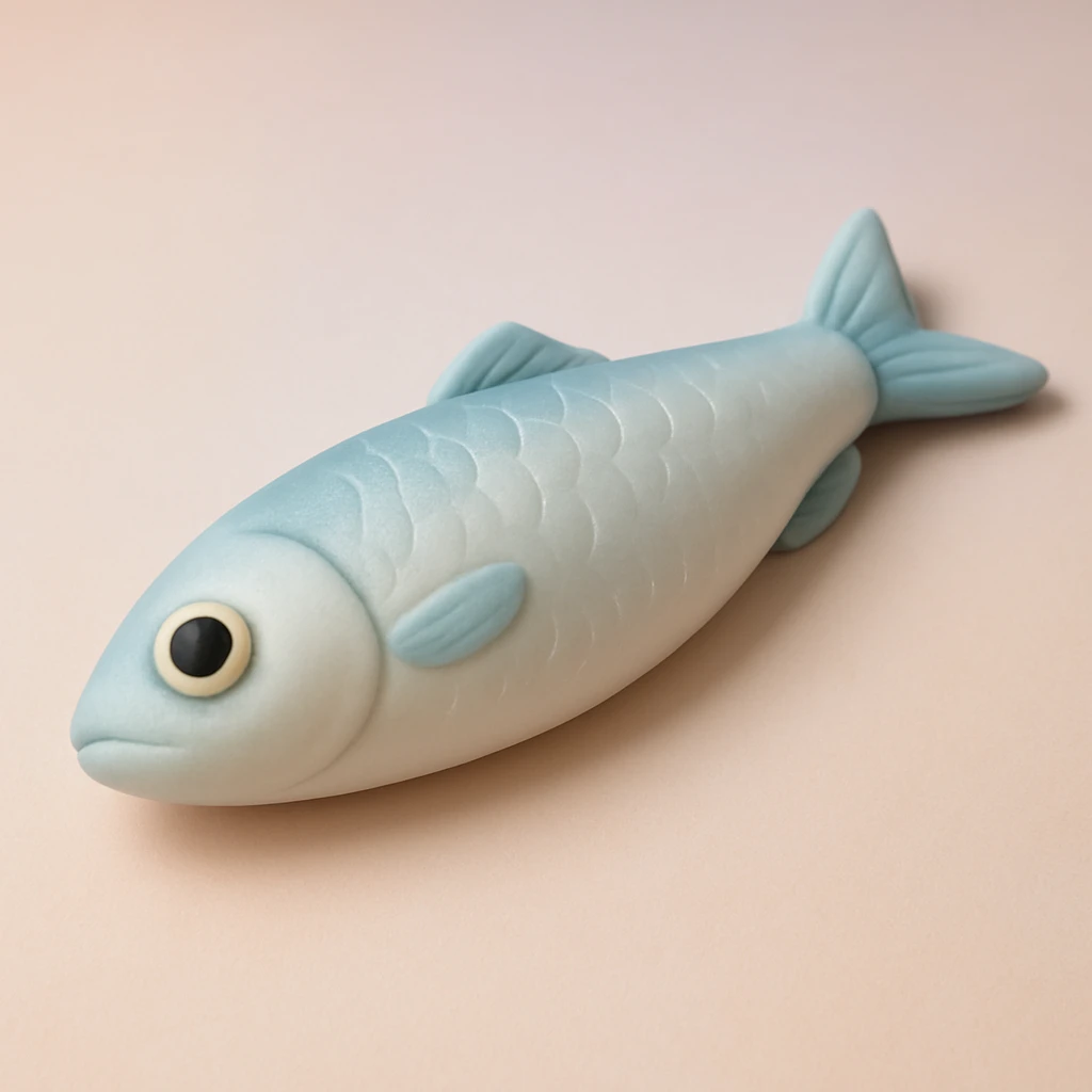 single anchovy with shiny scales, fondant cake art style, soft pastel colors, no text emoji
