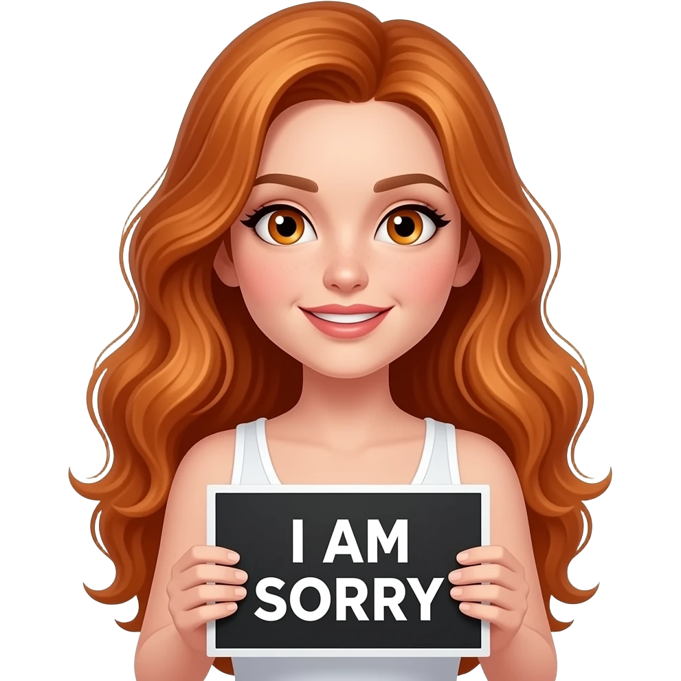 sexy girl with long wavy ginger hair and ginger eyes wearing a white tanktop is holding a black colored sign with I AM SORRY written on it emoji