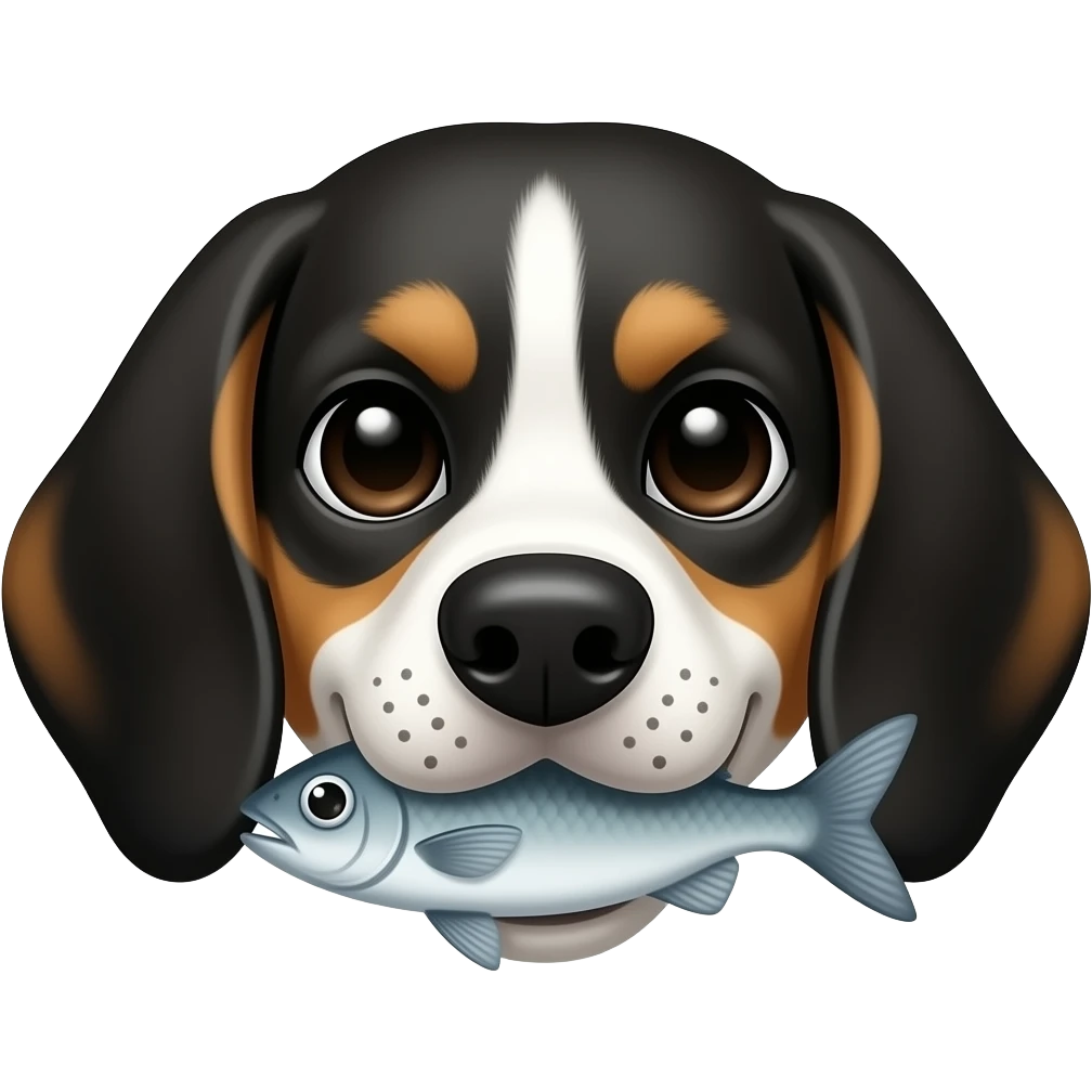 Black white beagle face black ears freckled nose fish in mouth emoji