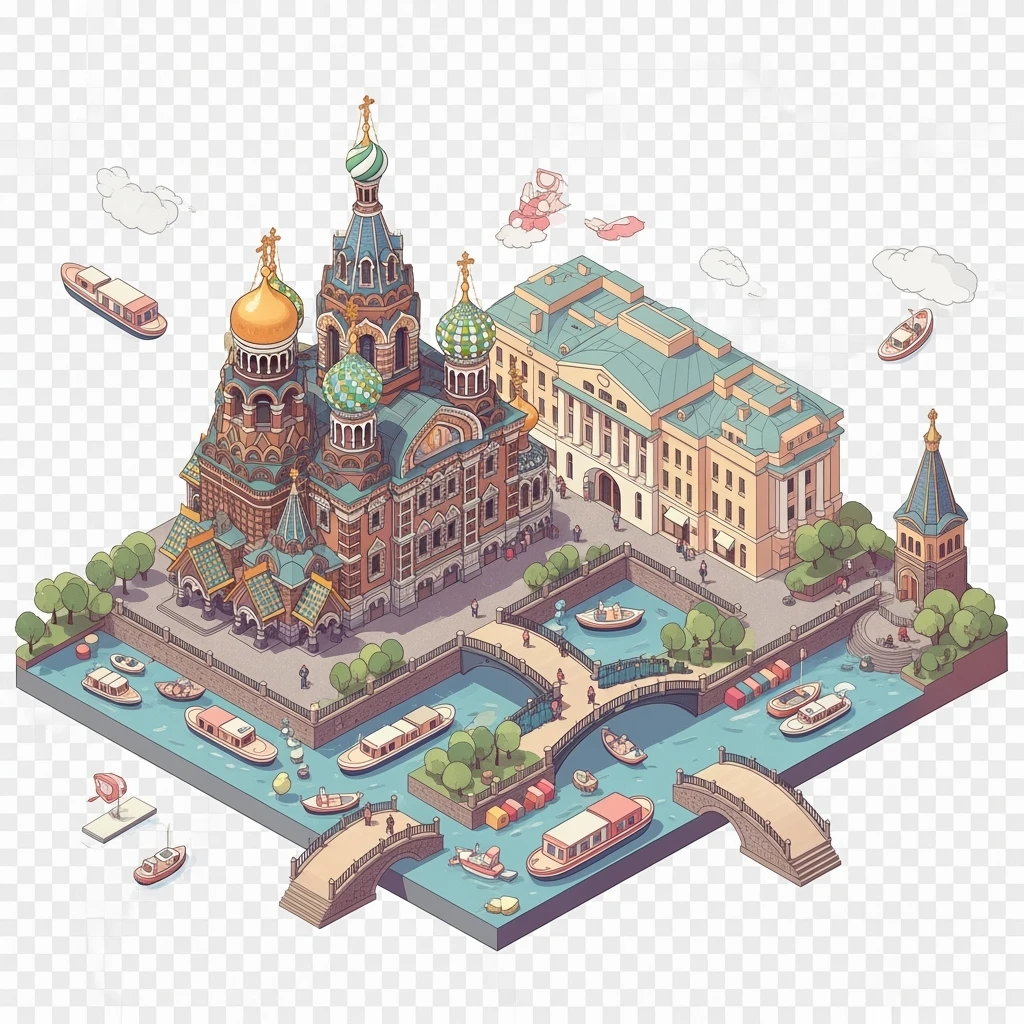 Isometric illustration of Saint Petersburg with the Church of the Savior on Spilled Blood and canals, toy boats and bridges, in pastel miniature diorama style, transparent background emoji