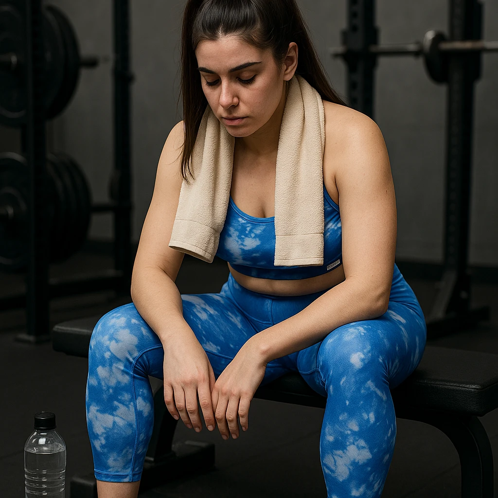 A slender woman in 4K, sitting on a bench in the gym, towel over her shoulders, head bowed and eyes closed, face marked by fatigue, with a water bottle nearby, inspired by the reference photo. emoji