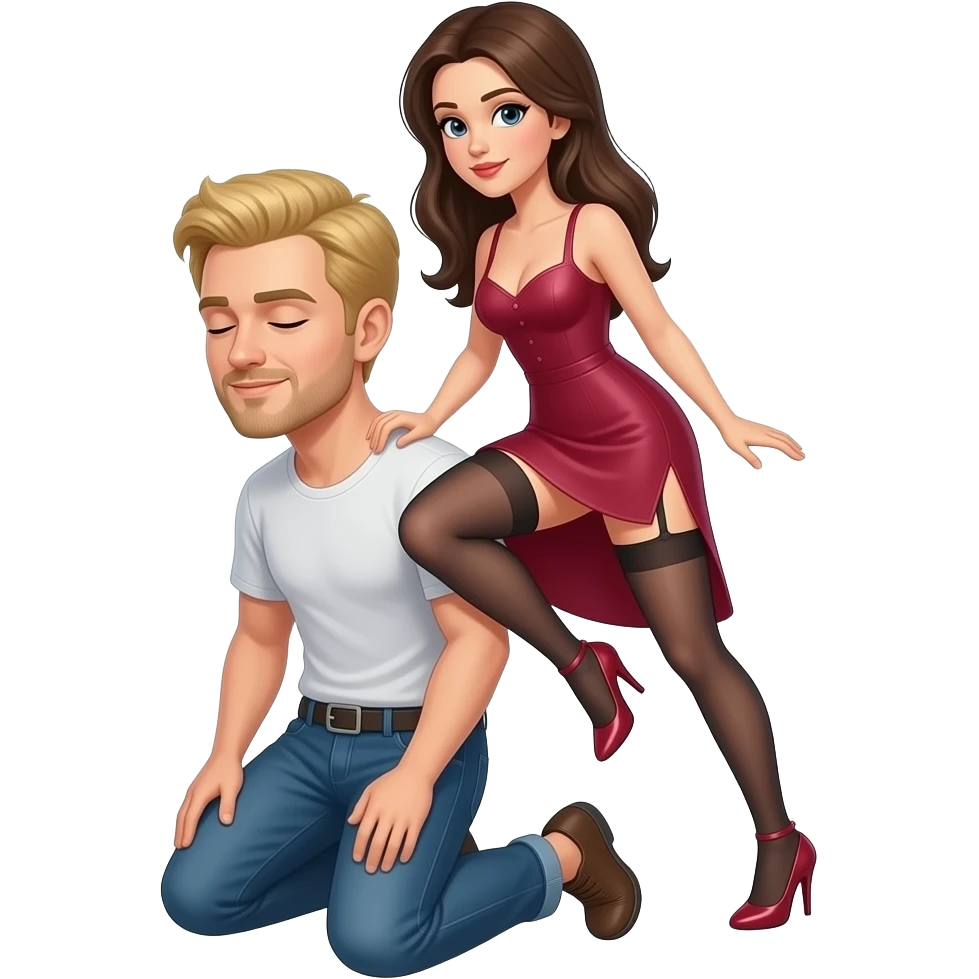 Blonde man with closed eyes kneeling to a brunette black eyes femdom Who is stepping on him emoji