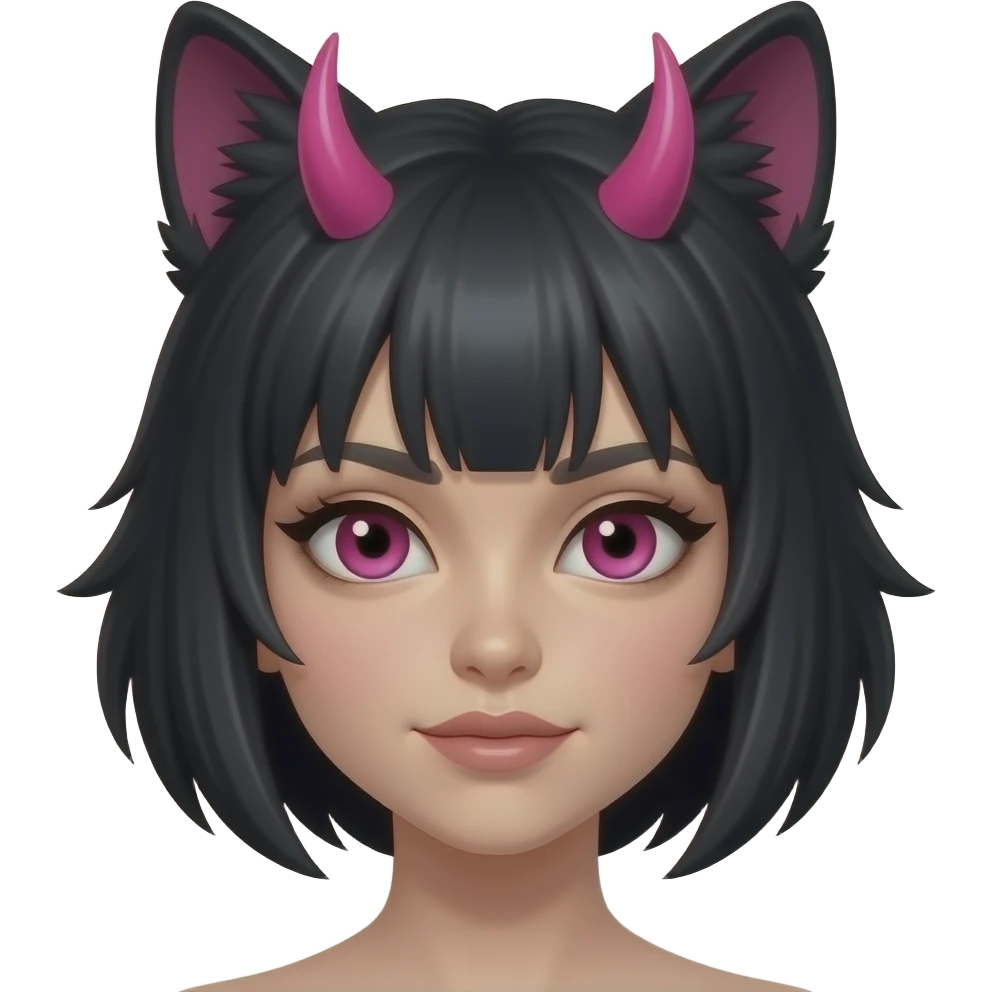 Discord emoji style, female with black wolf cut hair, hot pink eyes, short hot pink horns with fully black cat ears emoji