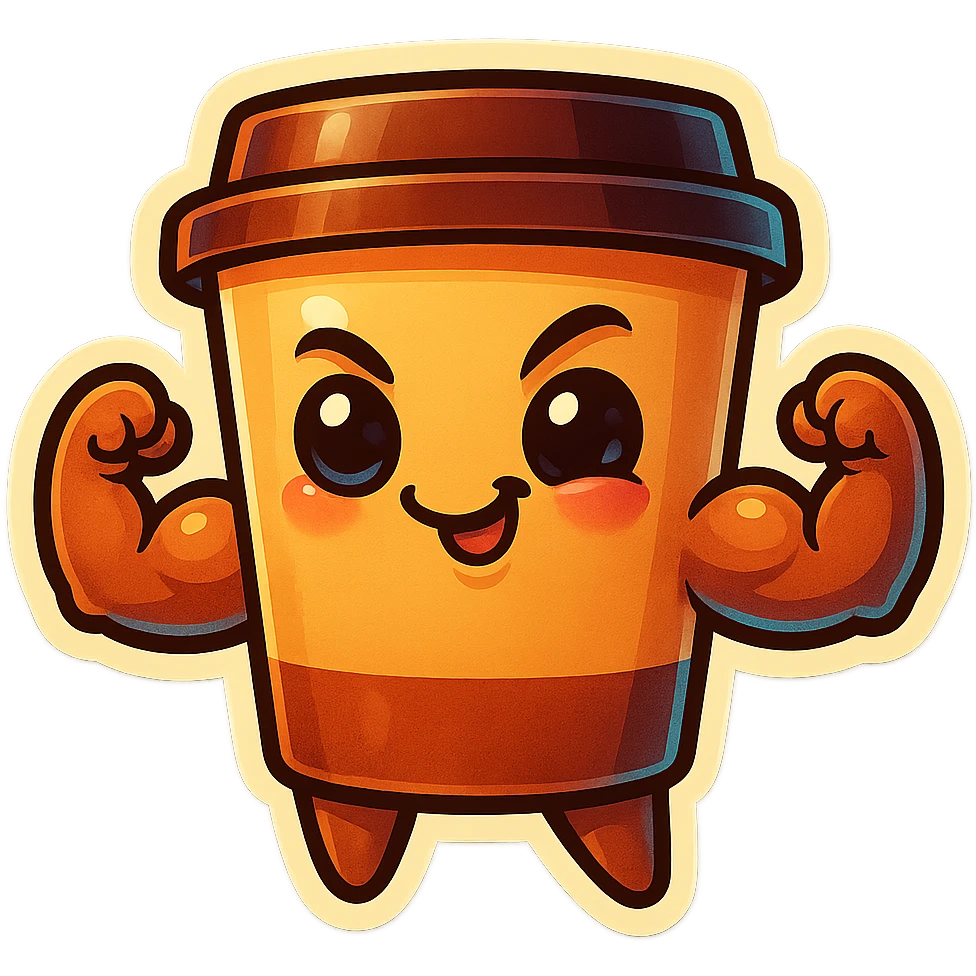 Tall coffee cup, showing off muscles, smirking, flirty emoji
