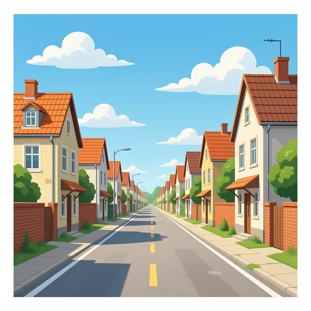 haz una calle muy larga que tenga casas antiguas i que se a de dia emoji