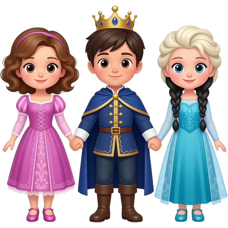 52개월 한국인 세쌍둥이 이모지를 만들어줘. 여아, 남아, 여아 순으로 배치해주고, 서로 손을 잡고 있게해줘. 아이들은 모두 한국인이야. 여자아이들은 공주 드레스를 입었어. 왼쪽 첫째 여아는 귀여운 퐁글한 갈색 곱슬머리 단발기장에 분홍색 라푼젤 드레스를 입었고, 반짝거리는 구두를 신었어.  가운데 남아는 중세 왕자가 입는 남색 멋진 정장을 입고 있어(망또는 없이). 오른쪽 여아는 엘사드레스를 입고, 머리는 검정색으로 양 갈래로 꽈배기를 땋은 머리야(가슴까지 오는 기장). 엘사구두를 신고. 귀엽고 사랑스럽게 만들어줘. emoji