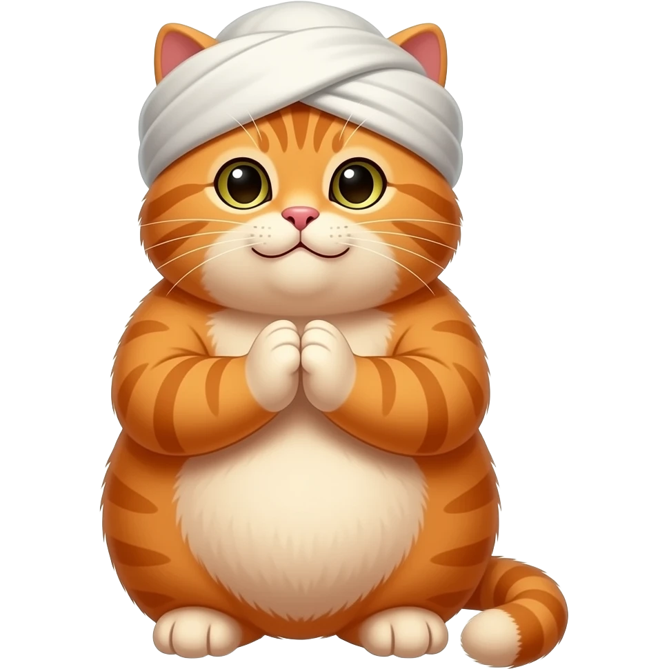 A fat orange cat with a muslim turban joins both front feet in prayer and say aameen emoji