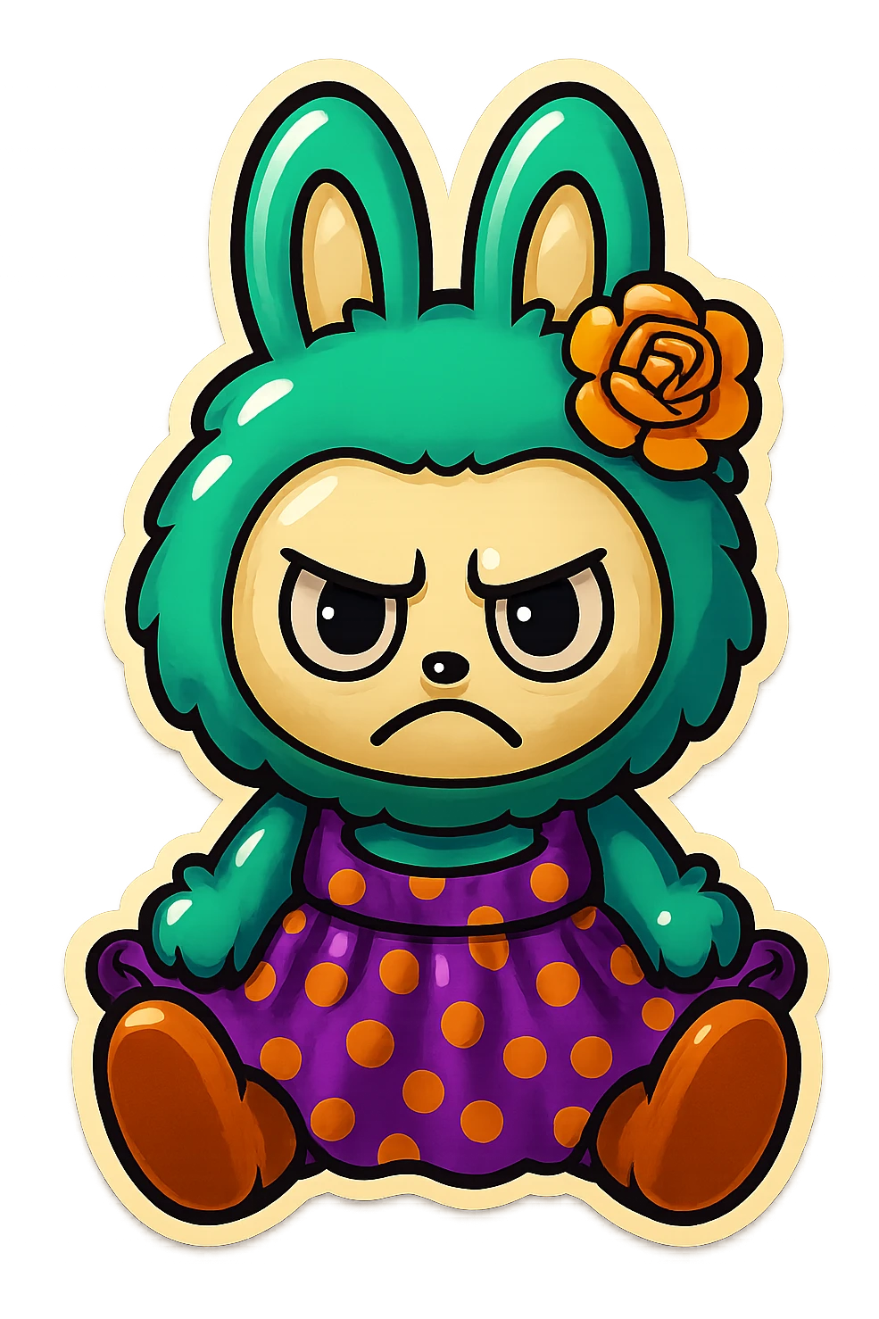 Change the teal bunny character's face to an angry, frowning expression, maintaining the retro stickers style. Transparent background. emoji