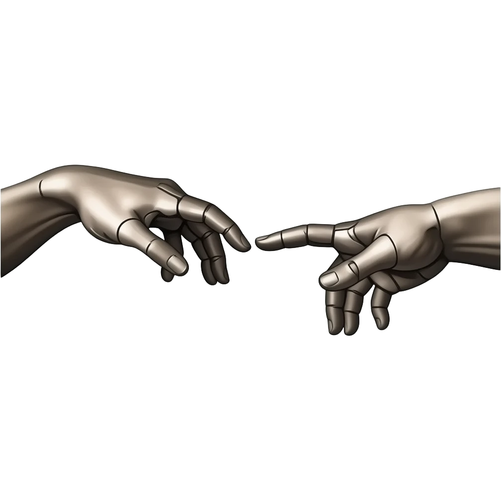 the touch of the fingers of two palms as in Michelangelo's painting in the Sistine Chapel, but mechanically constructed emoji