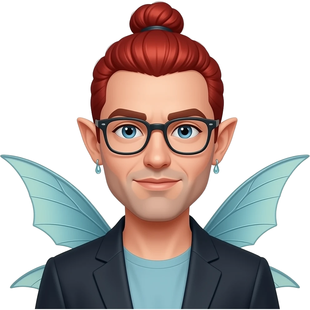 fairy face with red bun hair, man, wings sticking out and earrings and glassess emoji