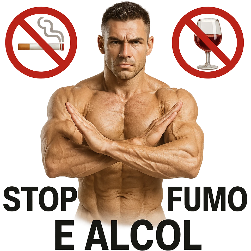 bodybuilder avoiding smoking and alcohol to prevent skin sagging, hyper realistic style, defined muscles, prohibition symbols on cigarette and glass, text 'Stop Fumo e Alcol', healthy atmosphere, white background emoji