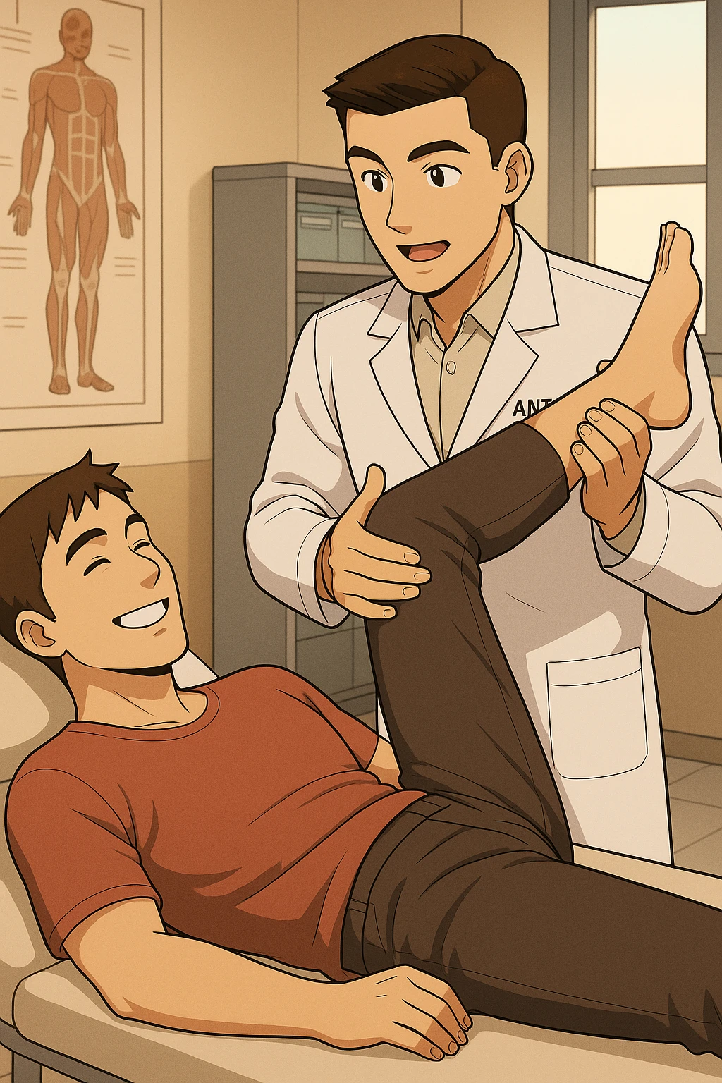 fai un webtoon manga a colori con questo stile, in cui un uomo è steso sul lettino medico e il kinesiologo con il camice bianco (fagli anche la scritta "ANTONIO ANANIA" SUL CAMICE, gli solleva una gamba per fargli il test neuromuscolare, IL KINESIOLOGO SPIEGA ALL'UOMO UNA cosa mentre gli alza la gamba. l'espressione dell'uomo è felice e soddisfatta, non fare i fumetti però, fai solo in modo che sembri stiano parlando, il lettino fai in modo che si veda tutto intero emoji