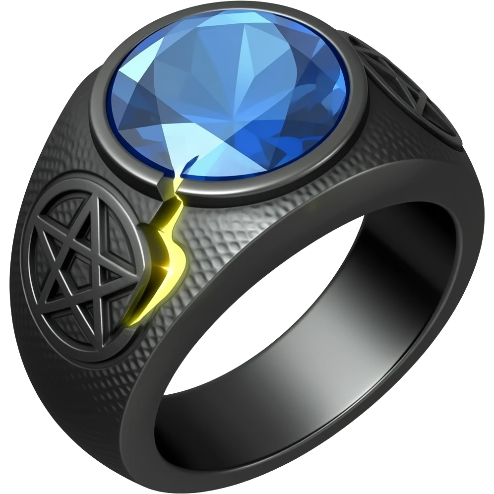A obsidian ring with a BIG blue gem, that has a pentacle carved into it, and a crack goin through it glowing yellow emoji