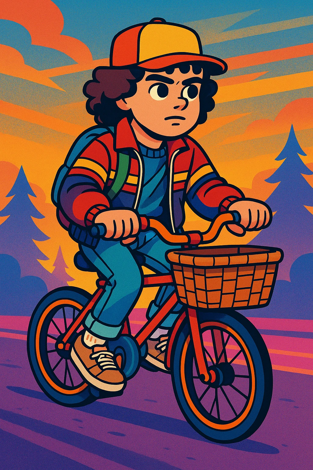 Stranger Things inspired character riding a bicycle with a basket, 1980s vibe, vibrant toon style emoji