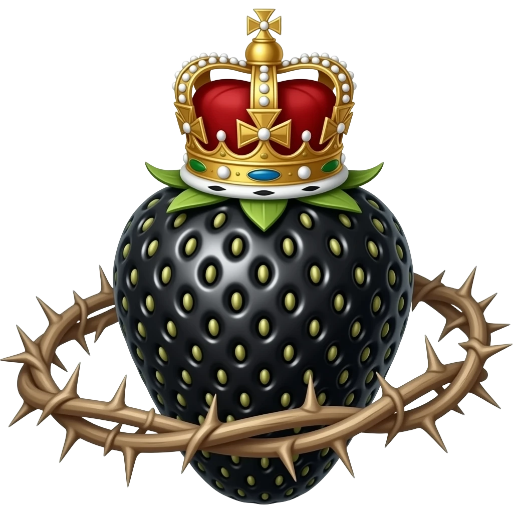 a black strawberry with a rusty, richly decorated English royal crown on top that is flaming. An oversized crown of thorns is wrapped around the strawberry's body and is spinning around its body emoji