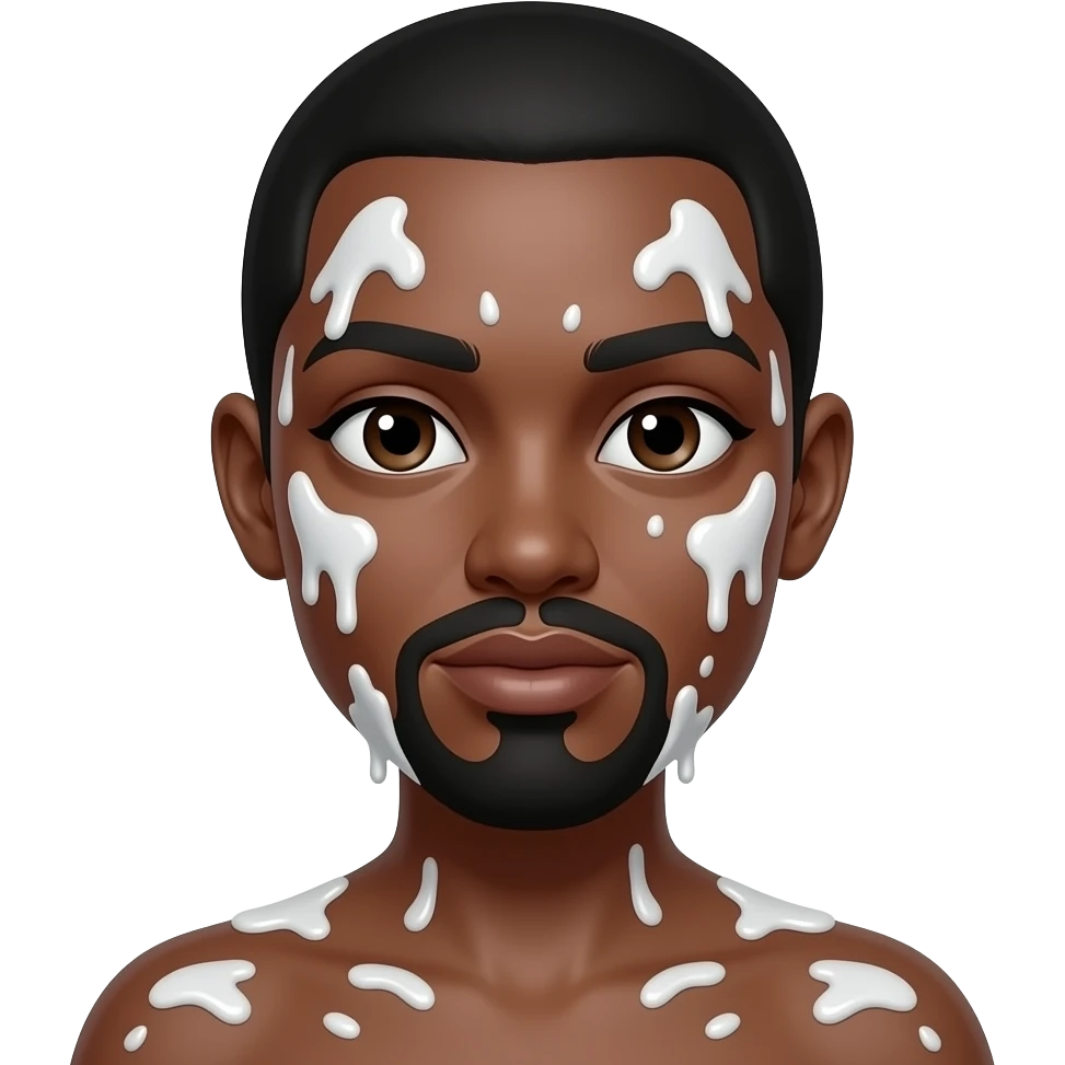 Black woman with white slime all over face and black penis next to face emoji