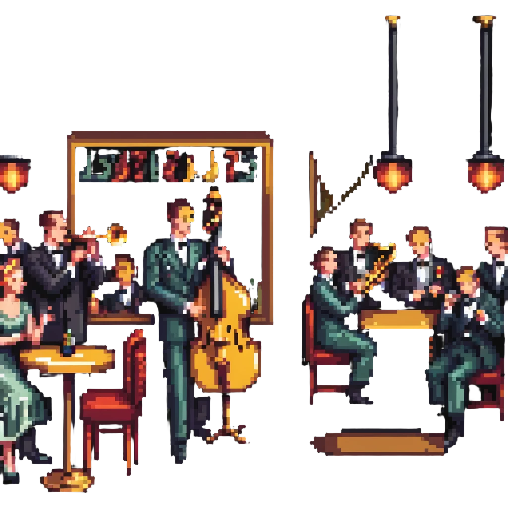 1940s jazz nightclub scene, pixel art style, no text emoji
