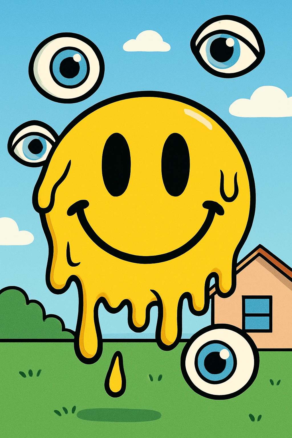 yellow smiley face in dreamcore style, with surreal elements like floating eyes or melting features, soft gradients emoji