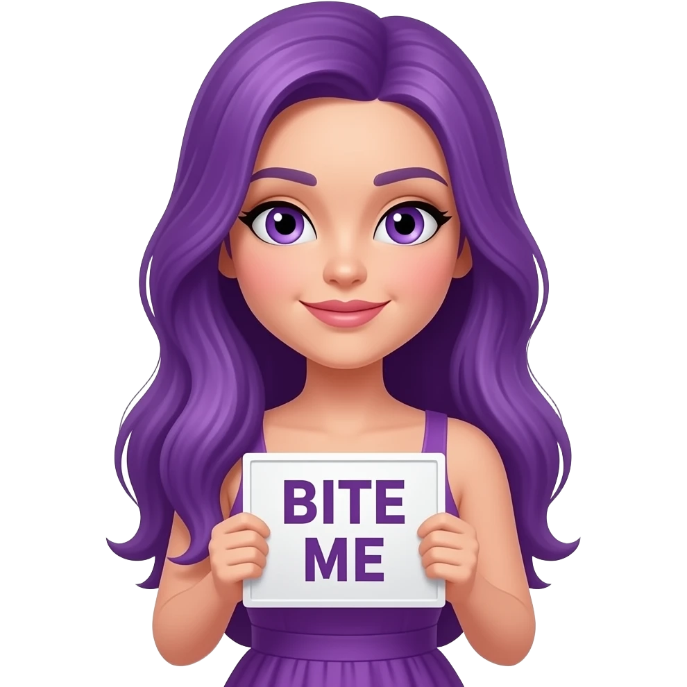 sexy girl with long purple hair and purple eyes wearing a dress holding a BITE ME sign emoji