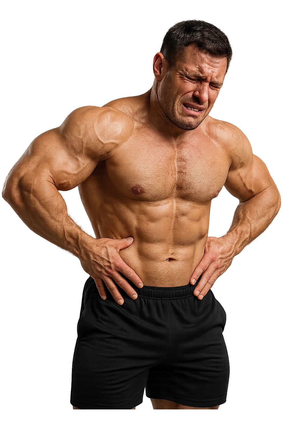 BODYBUILDER CHE SI INDICA I FIANCHI CON ESPRESSIONE AFFLITTA, ISOLATO SU SFONDO BIANCO, IPERREALISTICI 4K emoji