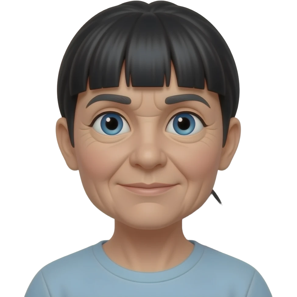 Blue eyes thick bangs ponytail black hair senior citizen 80yo emoji