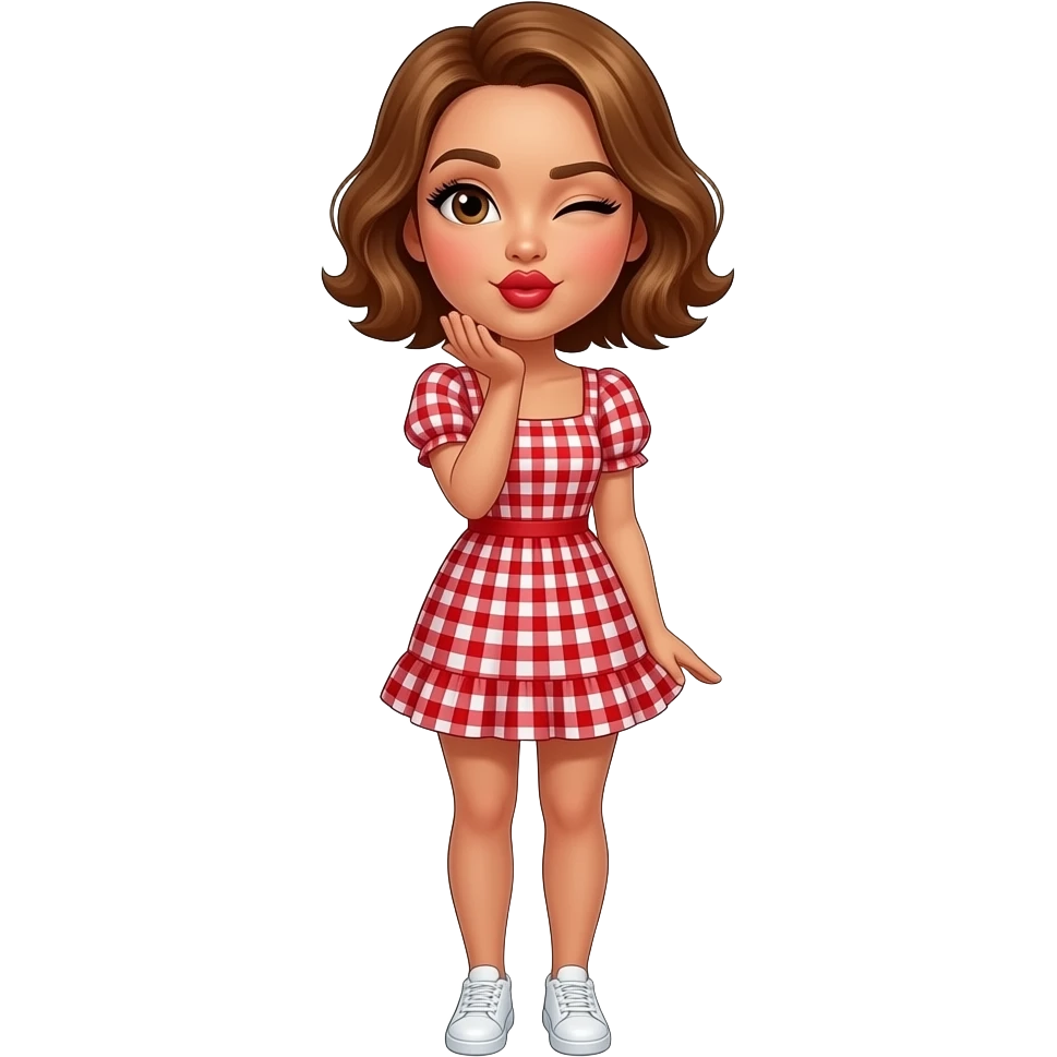 glamours,-tanned,-very-beautiful-girl,-with-big-plump-red-lips,-long-long-lashes,-honey-silky-very short- hair,-wavy-hair,-hazel-eyes- wearing- red-gingham-frill - dress- white-sneakers-winking-and-blowing-a-kiss-from-hand-full-body emoji