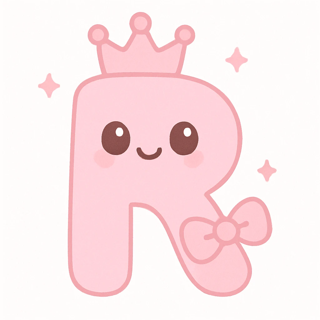 cute and playful pink letter R with a pink crown and a bow emoji
