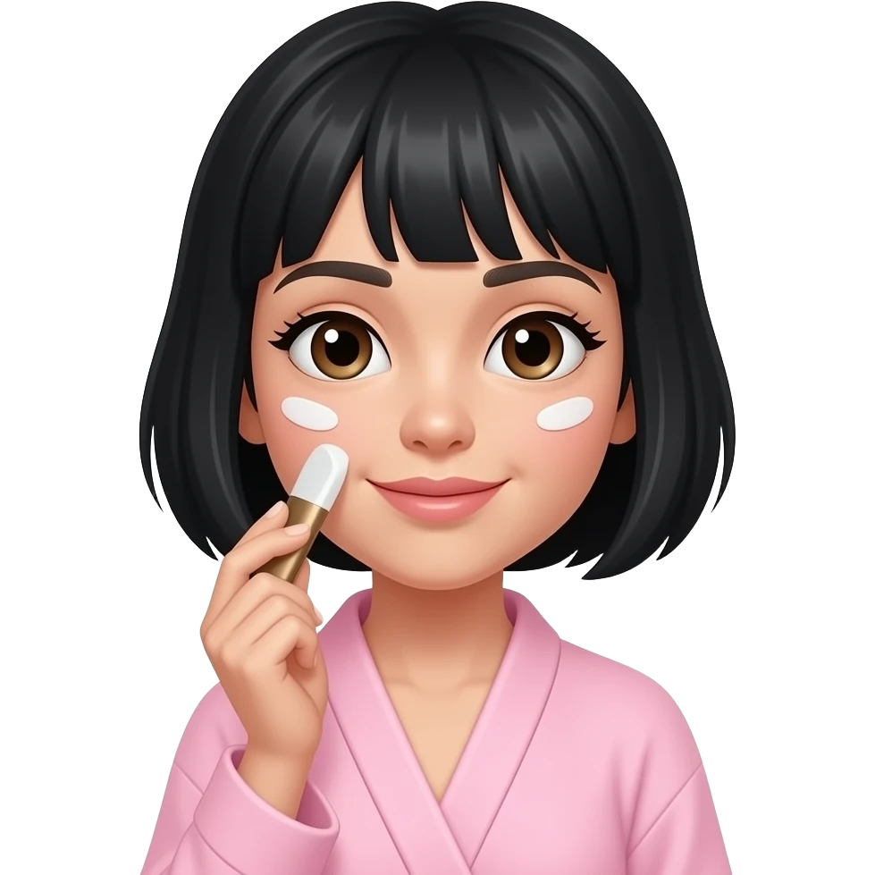 White girl with short black hair, using skincare, wearing a light pink robe, in iPhone emoji style emoji