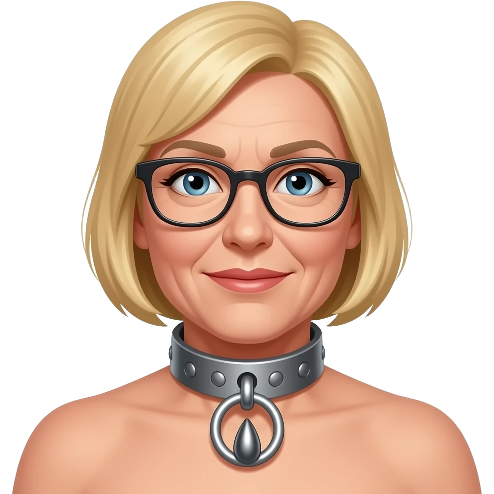 Frau 55, blond, brille, nackt, präsentiert anal plug, Metall collar mit o-ring emoji