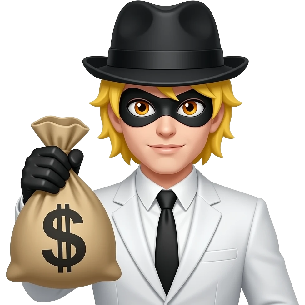 Robber Samsung version He holds a money bag, White and Black suit, Yellow hair,orange eyes and his robber Hat emoji