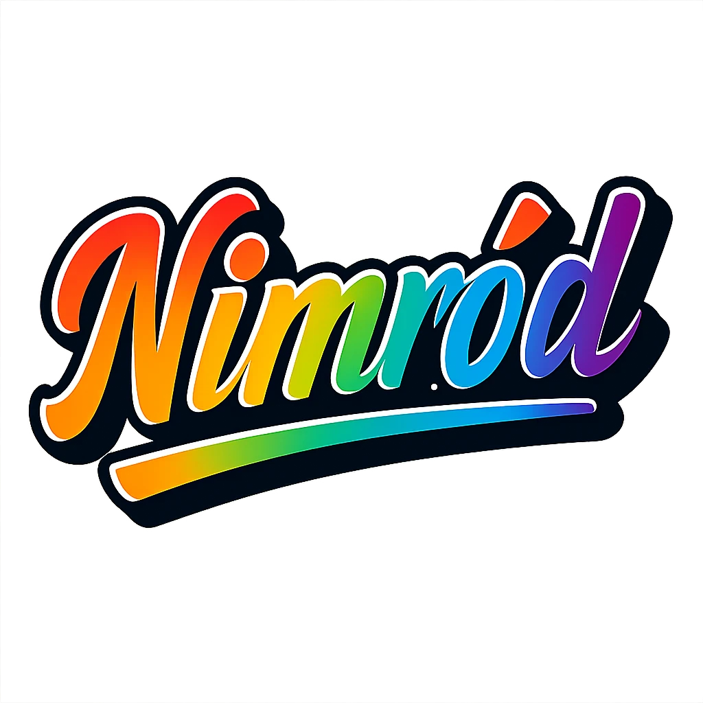 The name 'Nimród' in modern style with precise Hungarian letters, rainbow gradient fill, extra thick white letter outline, dark contour, transparent background, dynamic slanted underline, in the style of the reference sample images. emoji