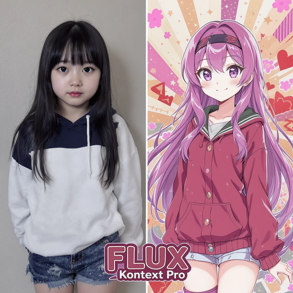 create before after image of a girl before is realsitic photo, after is anime version of her in same pose and clothes, add logo with text of a "FLUX Kontext Pro" emoji