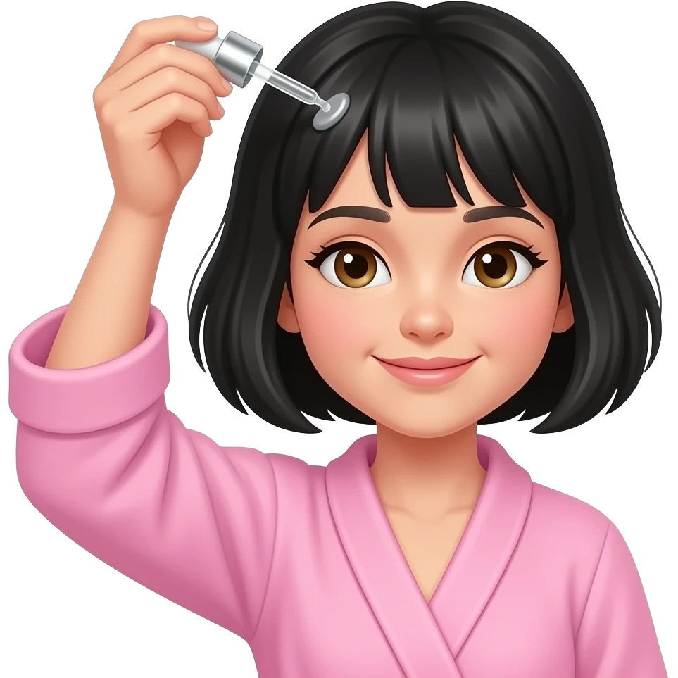White girl taking care of her black short hair by giving herself a hair tonic massage with a dropper, wearing a pink robe, iPhone emoji style emoji