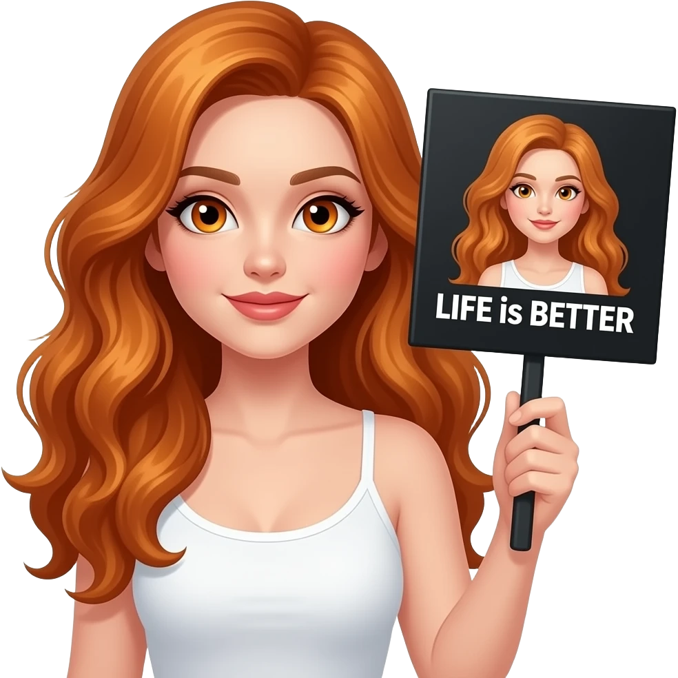 sexy girl with long wavy ginger hair and ginger eyes wearing a white tanktop is holding a black colored sign with LIFE is BETTER with a GINGER written on it emoji