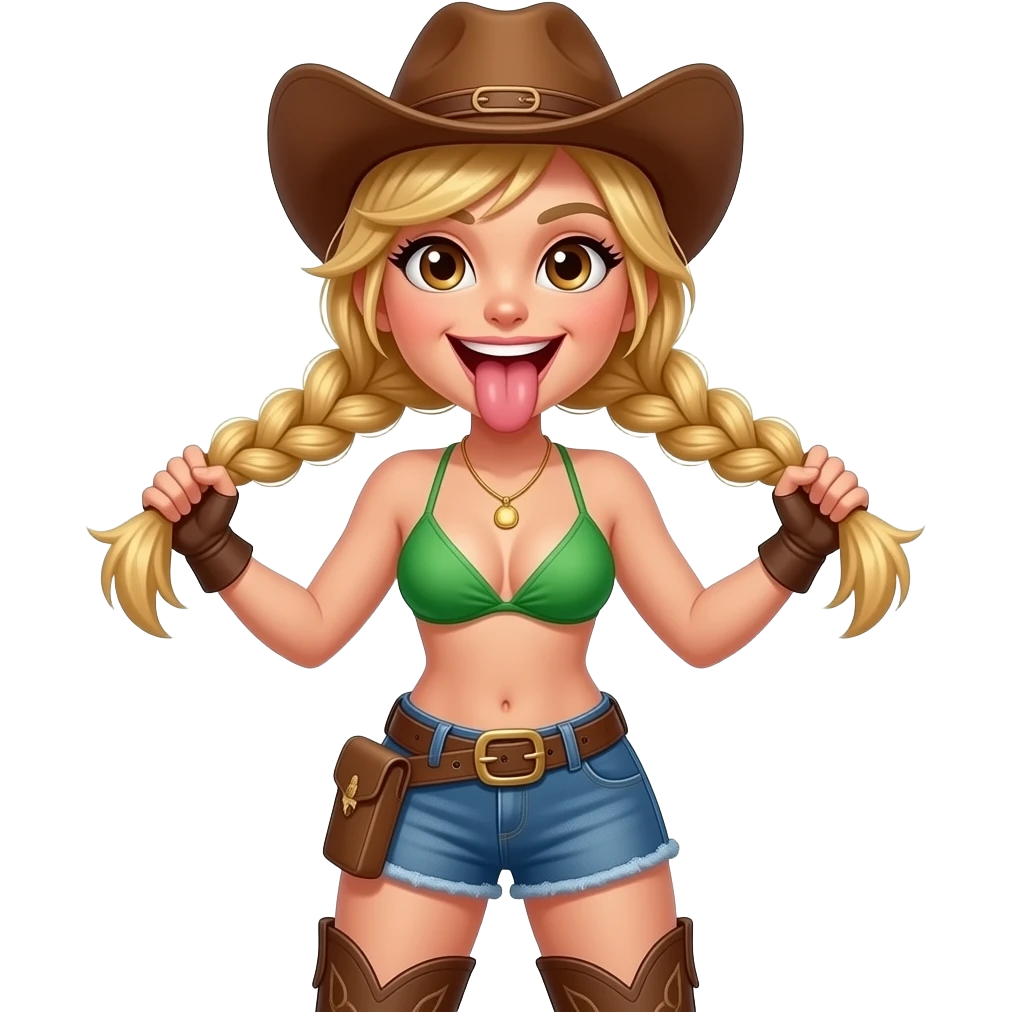 Brown eyed sexy cowgirl with large open mouth, tongue sticking out, blonde hair in tight braided pigtails in a green bikini top, short denim skirt and over the knee boots. And holding pigtails with hands emoji