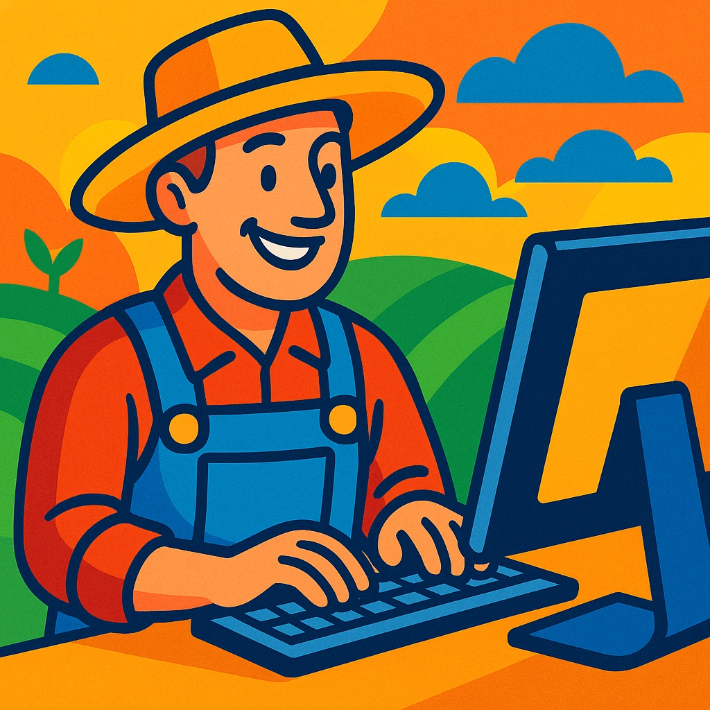 a farmer in overalls, smiling while typing on a computer, vibrant style emoji