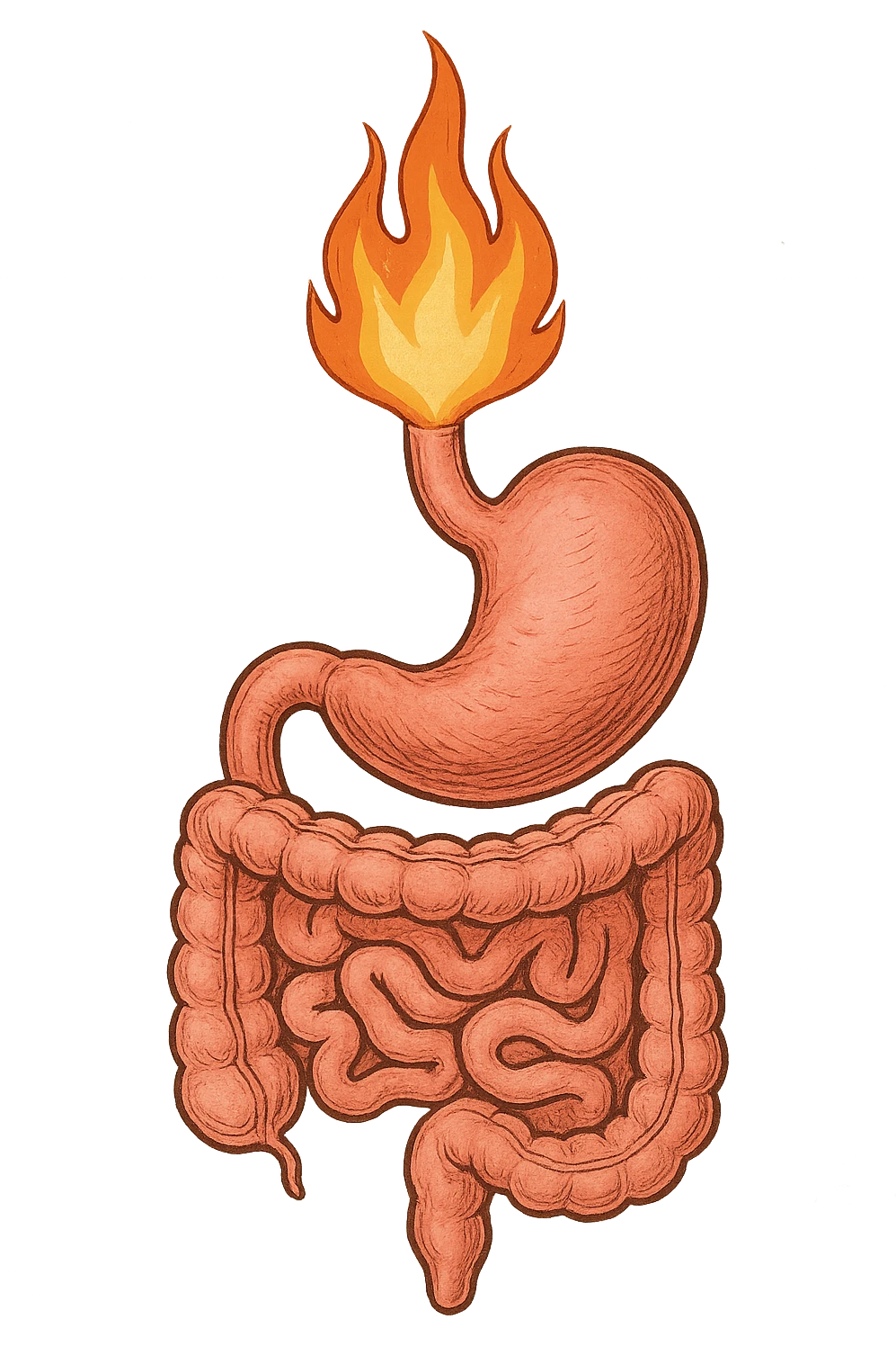 intestino e stomaco sono collegati, con una fiamma che brucia sopra, isolate su sfondo bianco emoji