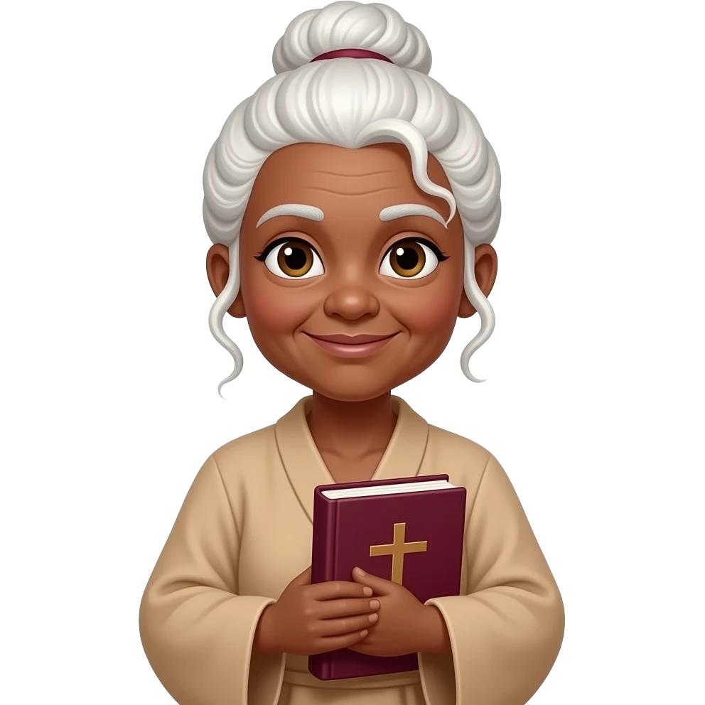 wise old woman with white hair tendrils in a bun brown skin tan robe with burgundy book that has a cross on it emoji