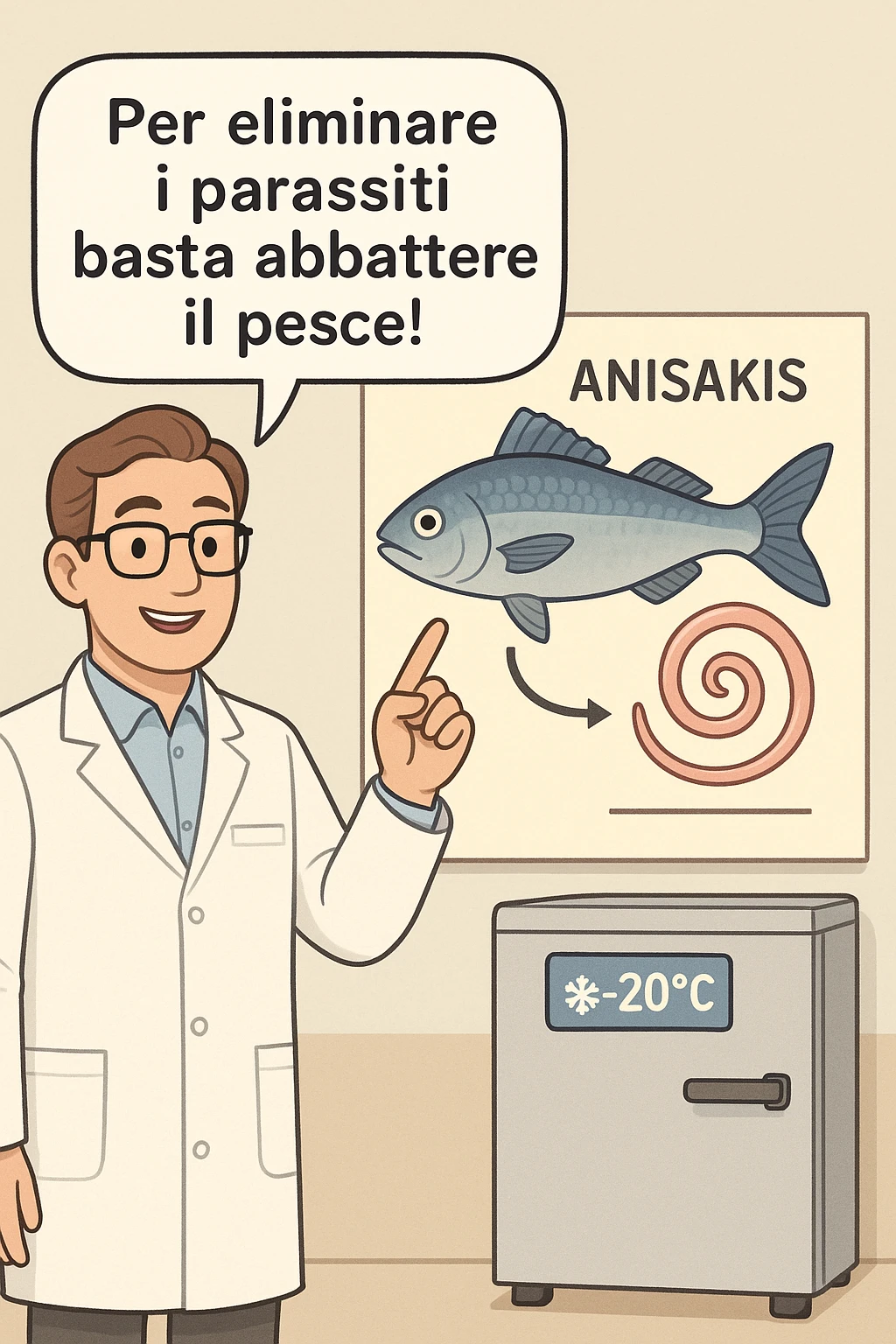  a scientist in a white lab coat stands beside a large poster showing a fish and a diagram of the Anisakis parasite. The scientist points to a speech bubble that says, “Per eliminare i parassiti basta abbattere il pesce!” In the background, a blast freezer is visible, with a temperature gauge set to -20°C. The mood is informative and reassuring. In italiano emoji