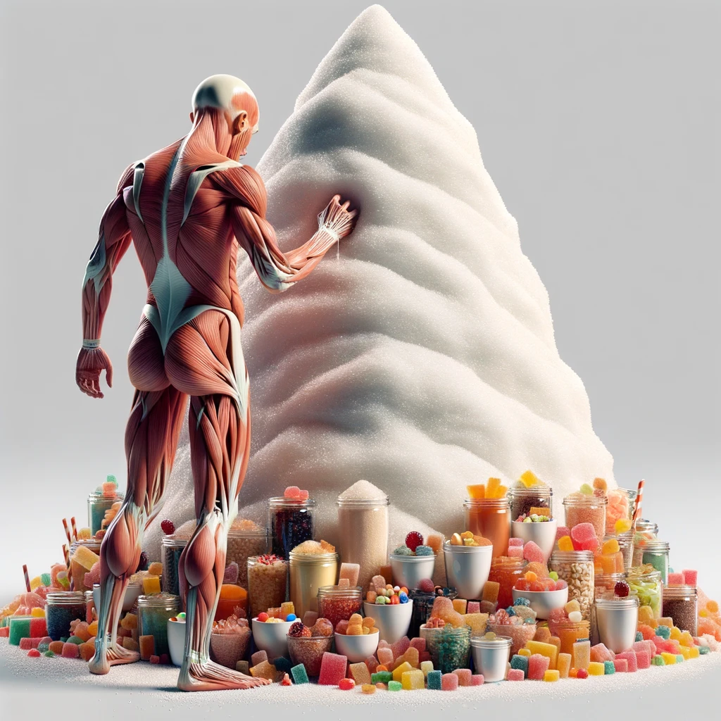 corpo umano anatomico che si abbuffa di dolci e zuccheri, montagna di zuccheri davanti a lui, iperrealistico 4k, isolato su sfondo bianco emoji